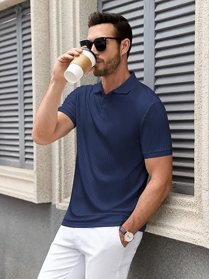 Men’s Wrinkle Resistant Textured Slim Fit Short Sleeve Polo Shirt