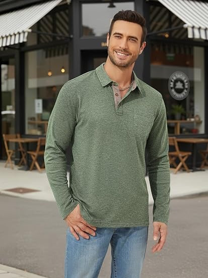 Men’s Contrast Collar Long Sleeve Polo Shirt