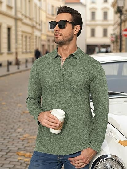Men’s Contrast Collar Long Sleeve Polo Shirt