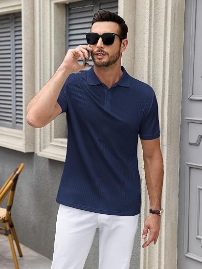 Men’s Wrinkle Resistant Textured Slim Fit Short Sleeve Polo Shirt